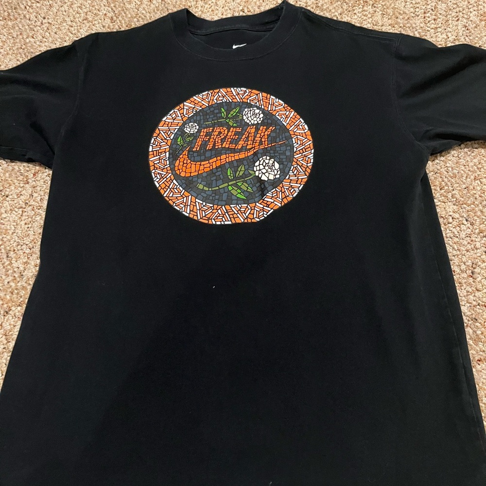Nike Black Giannis Freak T-Shirt with Orange and White Mosaic Graphic